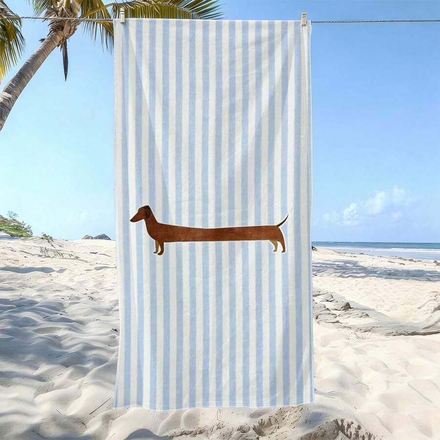 1pc Cartoon Dachshund Soft Towel Suitable For Beach, Blue And White Striped Print Pattern, Microfiber Bath Towel, Quick-Drying, Super Absorbent, Suitable For Seaside Vacation, Pool Party, Outdoor Picnic Scenes, Ideal Birthday Gift For Family And Friends - Multicolor - View 1