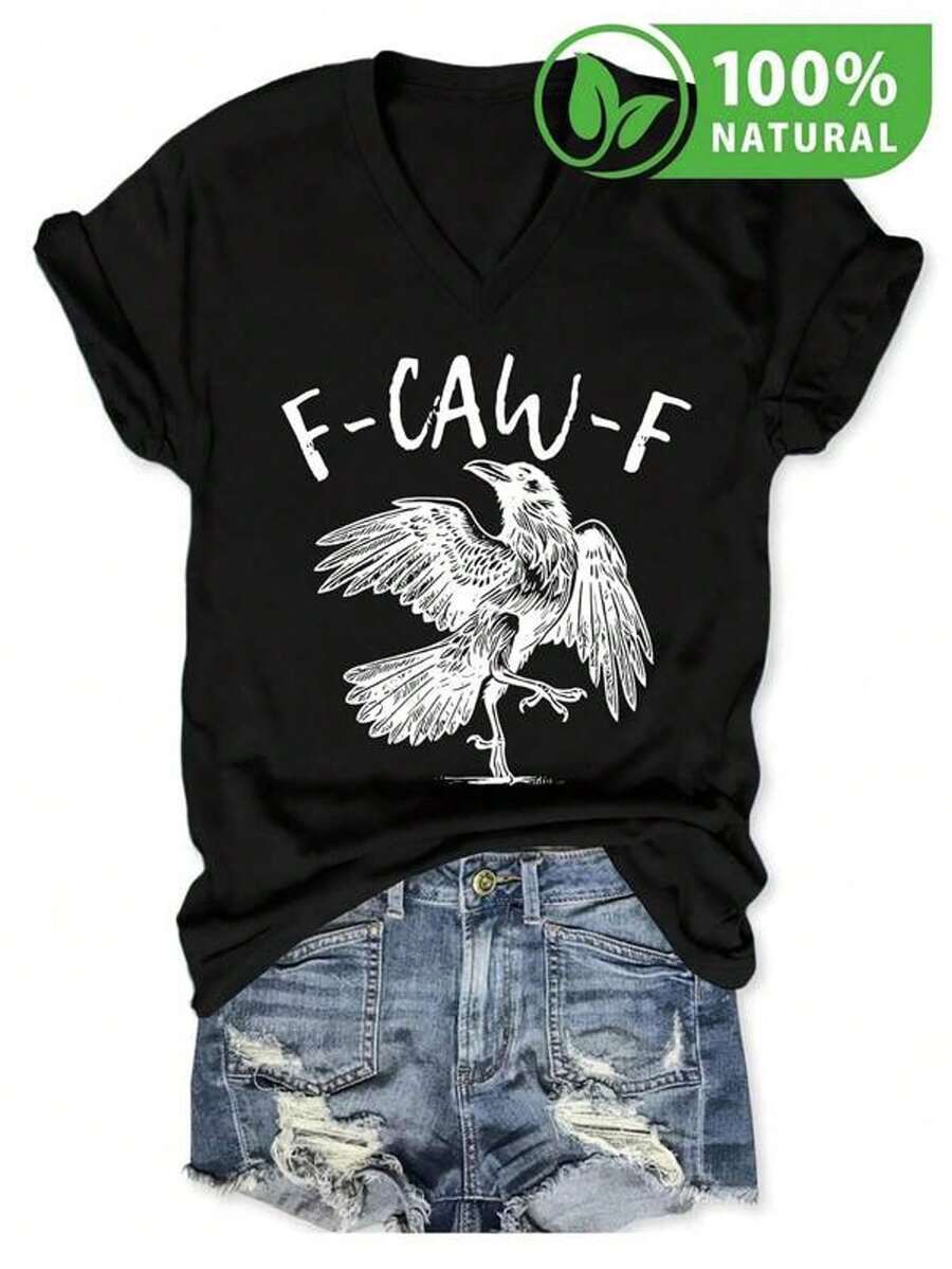 Black V-Neck T-Shirt With Rebel Crow Design, Exclusive Street Style, Modern For Youth Urban Fashion, Unisex Casual Wear, Ideal Original Gift 2023 - 黑色 - 查看 1