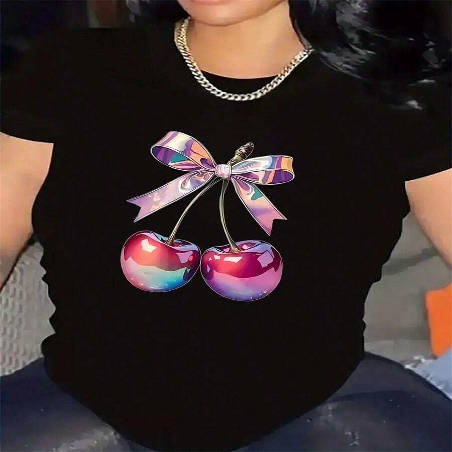 2026 Hot Summer Style Iridescent Cherry Bow Tee Women's T-Shirt , All Occasion Outfit Light & Airy For Summer, Suitable For Leisure Sports Scenes. - Multicolor - View 1