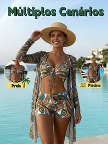 Full Print String Bikini With Kimono Beach Cover-Up 3-Piece Geometric Print Bikini Set, V-Neck Boxer Short Bottom With Cover-Up Shirt, Long Sleeves Swimsuit, Women's Swimwear - 墨綠色1 - 查看 3