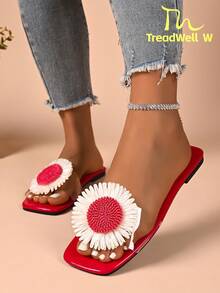 Women's 3D Floral Decor Everyday Versatile Fashion Flat Sandals - Red - View 4