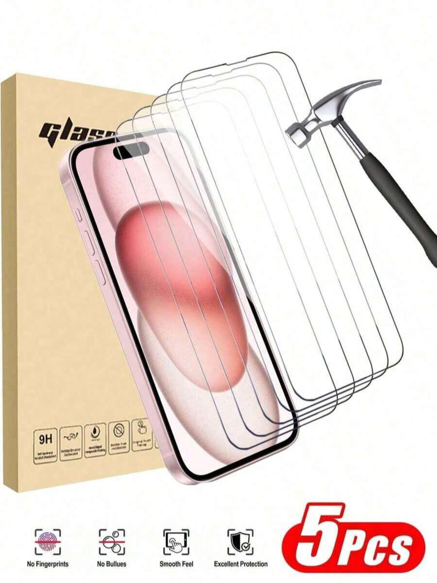 5pcs Ultra Durable Full Screen HD Tempered Glass Screen Protector, Compatible With 17/17Pro/17Air/17Pro Max, 16/16Pro/16Plus/16ProMax, 15/15Plus/15Pro/15Pro Max, 14/14Plus/14Pro/14Pro Max, 13Mini/13/13Pro/13Pro Max, 12Mini/12/12Pro/12Pro Max, 11/11Pro/11Pro Max. Scratch Resistant, Shockproof, Anti-Fingerprint, 9H Hardness, Easy To Install. - Clear - View 1