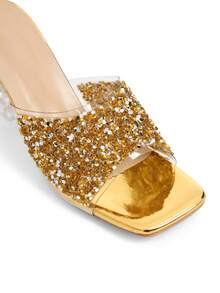 Rollcall Women's Summer New High Heel Slippers, Gold Rhinestone Glitter Decorated High Heels - Gold - View 5