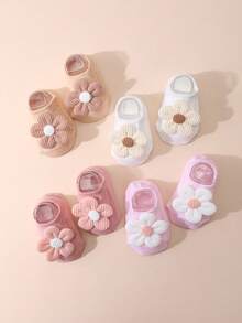 4 Pairs Baby Girl Flower Decor Short Socks, Solid Color Non-Slip Bottom Boat Socks, Suitable For All Seasons - Multicolor - View 5
