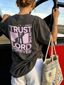 女童「Always Trust In The Lord」勵志基督教印花T恤，短袖圓領休閒上衣，夏季T恤 - 深灰色 - 查看 7