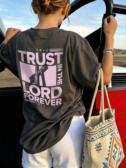 Girls "Trust In The Lord Forever" Inspirational Christian Print T-Shirt, Short Sleeve Crew Neck Casual Top, Summer Tee