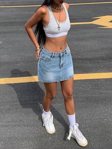 Women's Casual Versatile Solid Color Denim Mini Skirt Summer - Light Wash - View 3