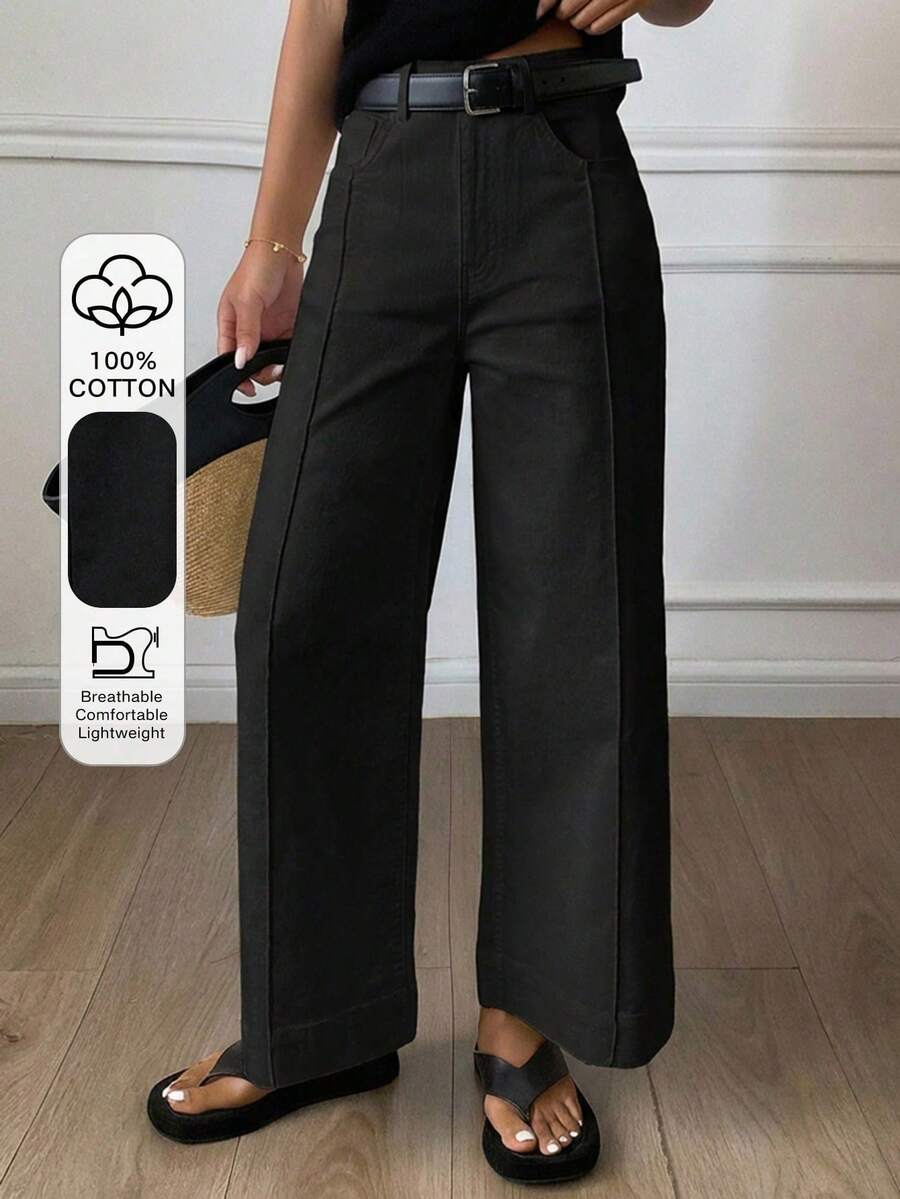 Women's Loose-Fitting Flared Pants With Pockets, Casual Solid Color Street Style Pants For Autumn - 黑色 - 查看 1