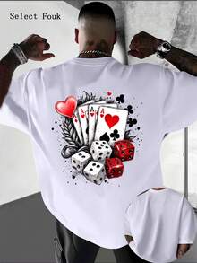 Camiseta de primavera para hombre,% estampada, cuello redondo, lavable aáquina, adecuada para uso diario casual y senderismo, estilo urbano, con cuatro cartas de juego (corazón, pico, - Blanco - Ver 1