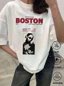 Camiseta blanca holgada de mujer, manga corta, cuello redondo, con estampado "Boston 2025" y fotos, estilo urbano casual - Blanco - Ver 1