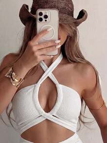 女款白色鏤空掛脖連身泳衣，度假海灘夏季泳裝 - 白色 - 查看 3