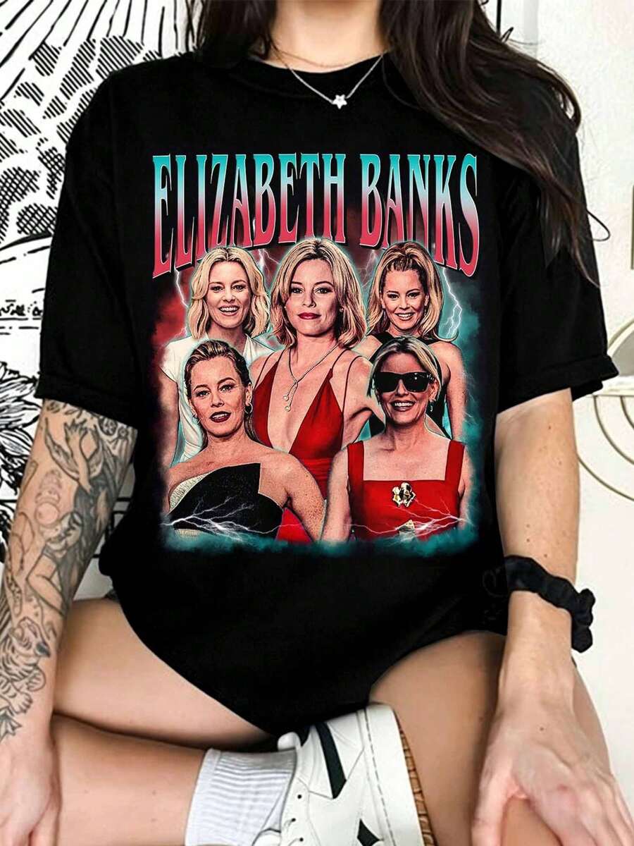 Vintage Elizabeth Banks T-Shirt, Counterfeit Retro Elizabeth Banks T-Shirt, Elizabeth Banks Fan T-Shirt, Elizabeth Banks Graphic T-Shirt, Elizabeth Banks Merchandise - 黑色 - 查看 1