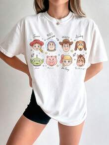 Unisex Disney Baumwoll-T-Shirt With "Toy Story" Chibi-Charakter-Print, Niedliche Porträts Von Jessie, Buzz And Co. With Namensschriftzügen - 白色 - 查看 1