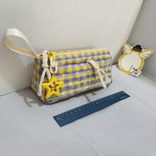 1pc Minimalist Plaid Polka Dot Star Pencil Case, Large Capacity Niche Stationery Pencil Box For Elementary, Middle And High School Students, High Aesthetic Value Stationery Storage - A - View 3