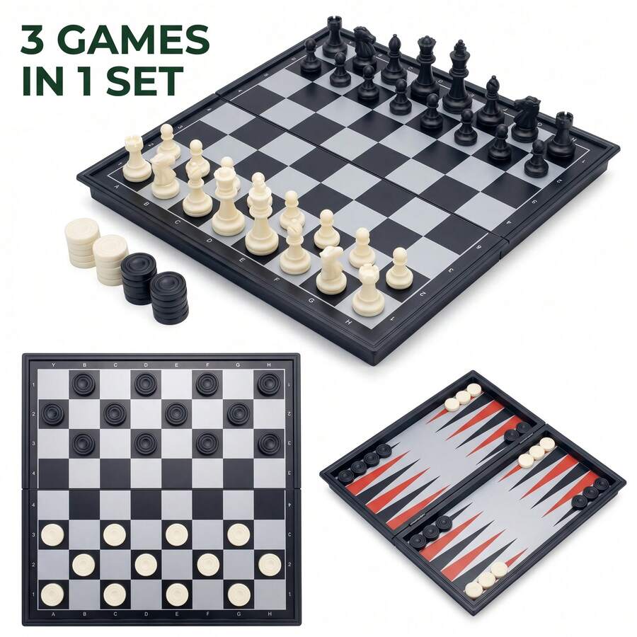 3-In-1 Magnetic Chess, Checkers & Backgammon Folding Travel Set