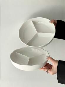 1pc Minimalist Cream Style Ceramic Plate, Single Person Serving Plate, Fruit Plate, 3-Compartment Main Dish Divider Plate - Multicolor - View 2