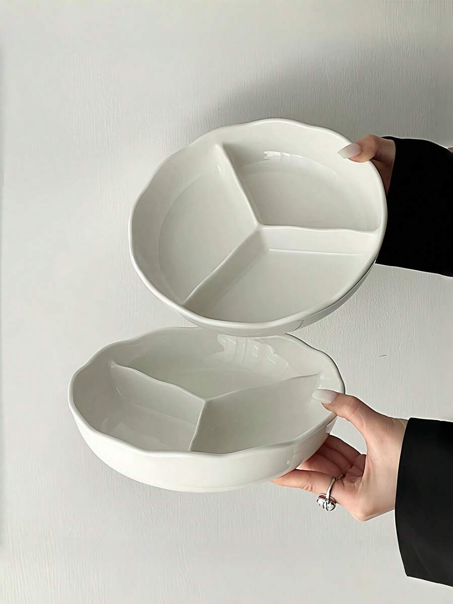 1pc Minimalist Cream Style Ceramic Plate, Single Person Serving Plate, Fruit Plate, 3-Compartment Main Dish Divider Plate