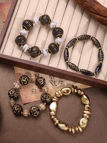 4pcs Vintage Unique Exquisite Elegant Inscription Beaded Bracelet Set For Women, Daily Wear, Holiday Party Jewelry - Multicolor - View 5
