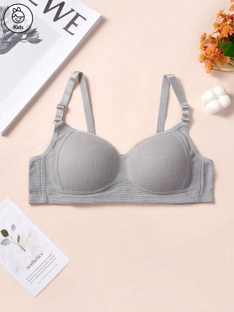 Girls Solid Color Ribbed Adjustable Strap Bra, Comfortable Seamless Push-Up Bra, Suitable For Teen Girls - Dark Grey - View 1