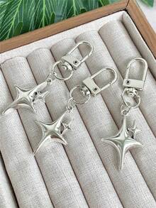 1pc/2pcs/3pcs Silver Four-Pointed Star Keychain, Minimalist Personalized Phone Bag Charm, Car Key Ring Decoration - Silver - View 6