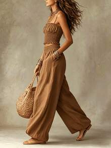 Relaxed Two-Piece Set For Lounging And Travel, Very Popular - Khaki - View 4