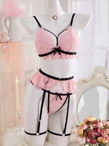 3 Pcs Women's Lingerie Set Tri-Cup Bra Adjustable Straps & Thong & Garter Belt-Cute Comfortable Lace Underwear Set Home - Pink - View 1
