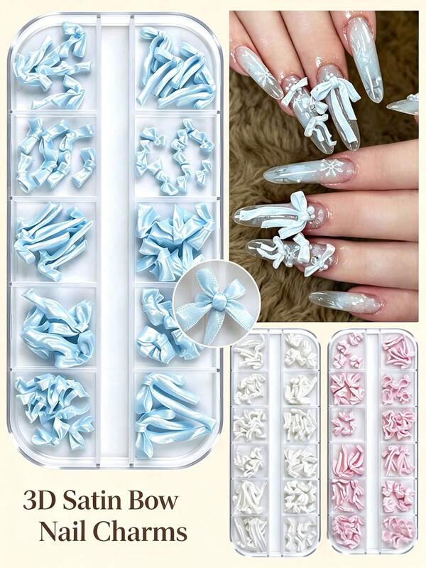 1 hộp 12 ngăn trang trí nail nơ chạm khắc mềm hỗn hợp, nơ trang trí 3D satin ngọc trai bóng, trang trí nail phong cách thời trang Ins, phụ kiện nail DIY mùa hè