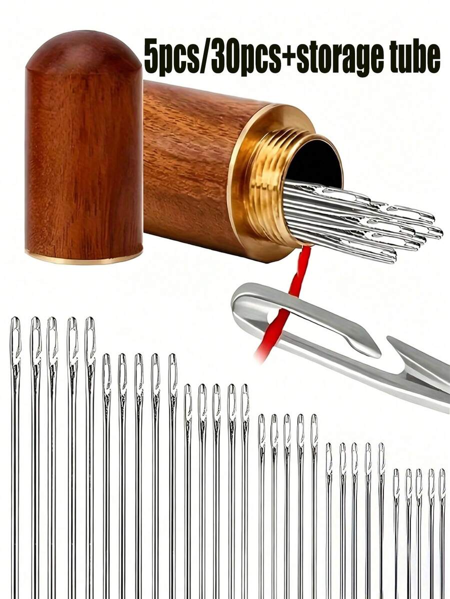 5pcs/30pcs+1pc Storage Box Elderly Needle Threader, Includes Sewing Needle Threader, Sewing Needle Inserter, Embroidery Needle Threader, Rosewood Needle Tube, Wooden Needle Tube And Home Industrial Sewing Needle Threader. Automatic Threading: Everyone Can Easily Thread - Designed Specifically For Elderly Or Visually Impaired People Sewing And Crochet Supplies. Valentine's Day Gift, Storage Box, Storage Container.
