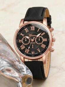 6pcs/Set Fashion PU Leather Strap Alloy Quartz Watch Set - Black - View 3