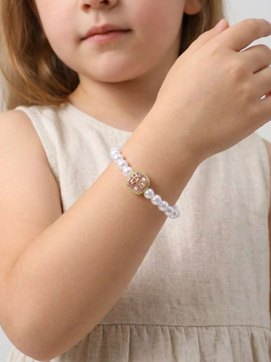 1pc Pure Tender Faux Pearl Beaded Bracelet Square Rhinestone Bow Charm For Girls Dreamy Accessories For Family Dinner And Ballet Dance Class - White - View 1