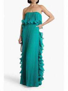 Elegante vestido largo asimétrico sin tirantes, plisado y con volantes en color verde intenso para mujer, vestido de fiesta de corte A en tejido tejido. - Verde - Ver 2