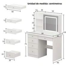 Vanity Dressing Table With Adjustable LED Lighting, Makeup Dressing Table With 5 Drawers And 3 Open Shelves, Makeup Table, Adjustable Illuminated Touchscreen Mirror - Blanco-izquierda - View 2