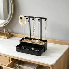 Estante de almacenamiento de escritorio - Organizador de joyas de doble capa con cajón, soporte de exhibición de collares y pulseras, estante colgante para aretes de botón, estante colgante creativo de almacenamiento de joyas, soporte de exhibición de collares y pulseras, caja de almacenamiento de joyas para aretes de botón - 1 - Ver 11
