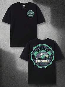 Camiseta de pesca negra para hombre, estampada en la parte trasera con BIG Billy'S BAIT SHOP GULFSHORE MALABARO, con un hermoso diseño de peces y palmeras. Esta camiseta de manga corta de - Negro - Ver 1