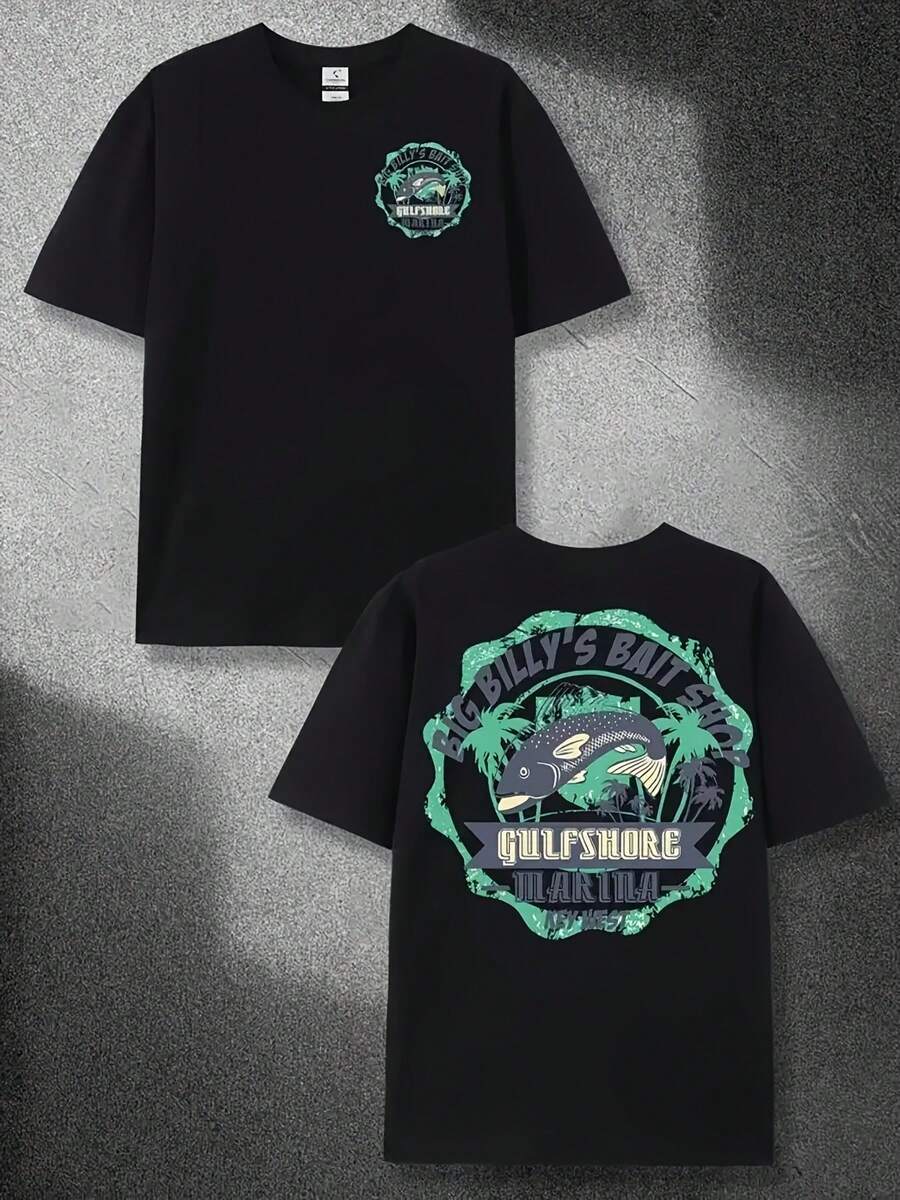 Camiseta de pesca negra para hombre, estampada en la parte trasera con BIG Billy'S BAIT SHOP GULFSHORE MALABARO, con un hermoso diseño de peces y palmeras. Esta camiseta de manga corta de - Negro - Ver 1