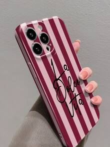 1pc Minimalist Dual-Tone Striped English Slogan Pattern Precise Cutouts Glossy Film Full Coverage Hard Phone Case Compatible With IPhone 11/12/13/14/15/16 Pro Max - Multicolor - View 2