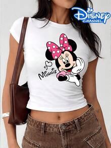 Disney Minnie Mouse Bow Cartoon Print Fitted Crop Top, Women's T-Shirts,Tube Top,Fourth Of July,Disney Collaboration - 白色 - 查看 2