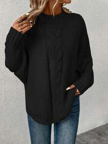 Plus Size Women's Simple Versatile Cable Knit Long Sleeve Sweater - Black - View 2