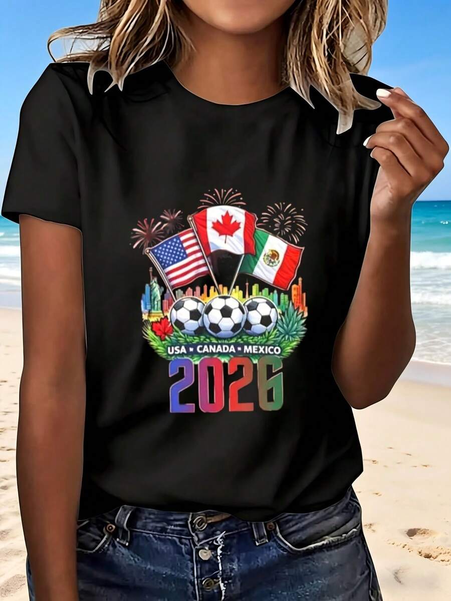 2026 Usa Canada Mexico World Cup Soccer T Shirt White Women Casual Summer Beach Wear Fashion Design Sporty Look Perfect Gift For Football Fans Outdoor Leisure Activity Trendy Style - Negro - Ver 1