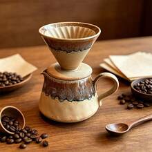 Set Kopi Tuang Keramik Glasir Tungku Antik, Cangkir Filter Berbentuk V, Alat Penyajian, Pembuat Kopi Tetes Rumahan dengan Penggiling Manual, Set Lengkap - Sampanye - View 2