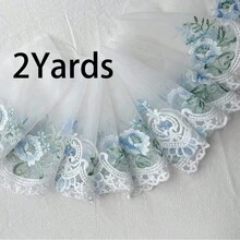 2碼白色網紗粉色/藍色花卉刺繡蕾絲飾邊，裙擺延伸配件，洋裝領口DIY裝飾材料 - 蕾絲刺繡蕾絲 - 查看 9