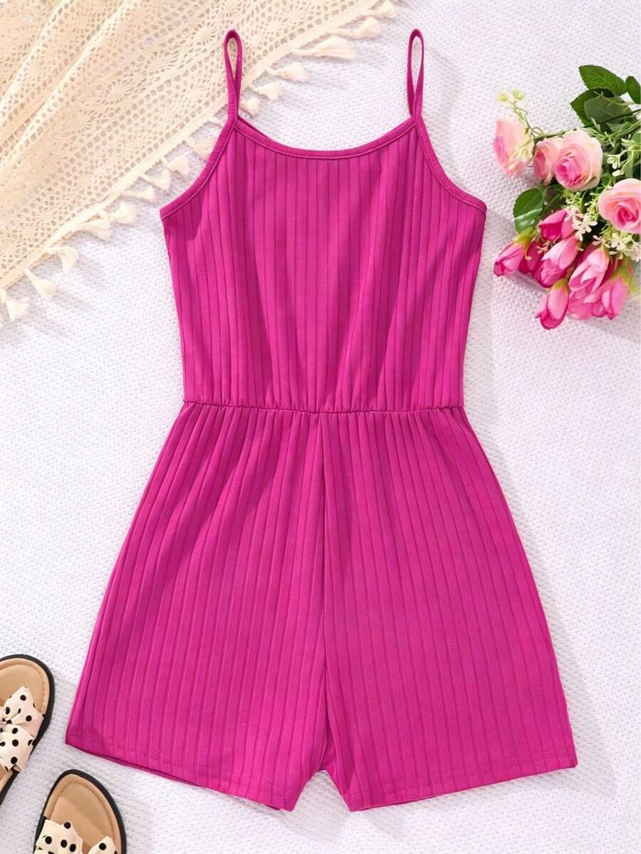 Teen Girl Solid Color Spaghetti Strap Jumpsuit In Ribbed Fabric - Hot Pink - View 1