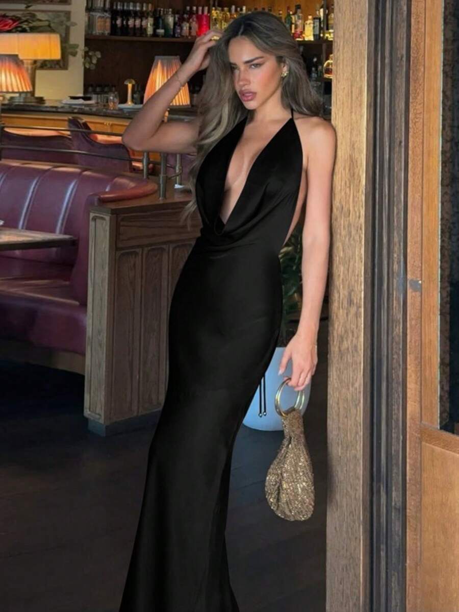 New Halter Evening Dress Deep V Neck Lace-Up - 黑色 - 查看 1