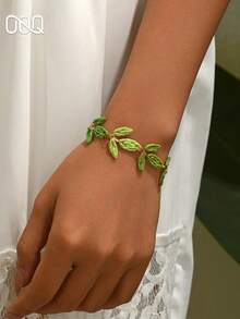OOQ 1pc Summer Vacation Style 3D Leaf Handmade Women's Fashion Chain Bracelet, Summer Beach Seaside Travel Party Ball Dress Accessory, Mother's Day Valentine's Day Gift For Friends (Handmade Weaving Method Random, Pure Handmade May Occasionally Have Glue Residue) - Green - View 7