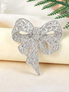 1pc Vintage Elegant Personalized Rhinestone Black Large Bow Brooch For Cardigan Blazer Women's Accessory - Silver - View 3