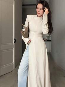 Women's Elegant Minimalist Stand Collar Long Sleeve High Slit Long Top Robe (With Shoulder Pads) Solid Color Back Tie High Slit To Thigh Long Top, Suitable For Daily Wear And Dating In Autumn/Winter - Apricot - View 2