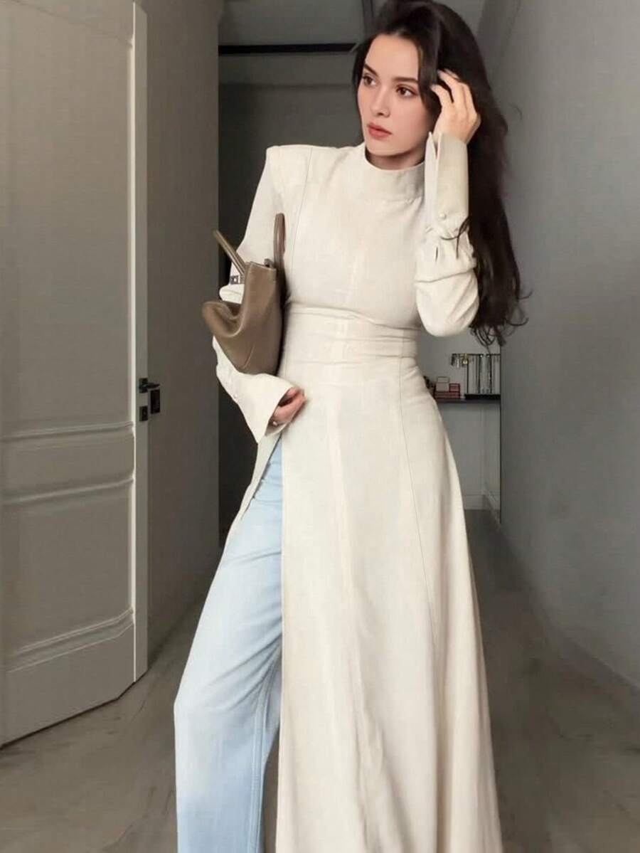 Women's Elegant Minimalist Stand Collar Long Sleeve High Slit Long Top Robe (With Shoulder Pads) Solid Color Back Tie High Slit To Thigh Long Top, Suitable For Daily Wear And Dating In Autumn/Winter