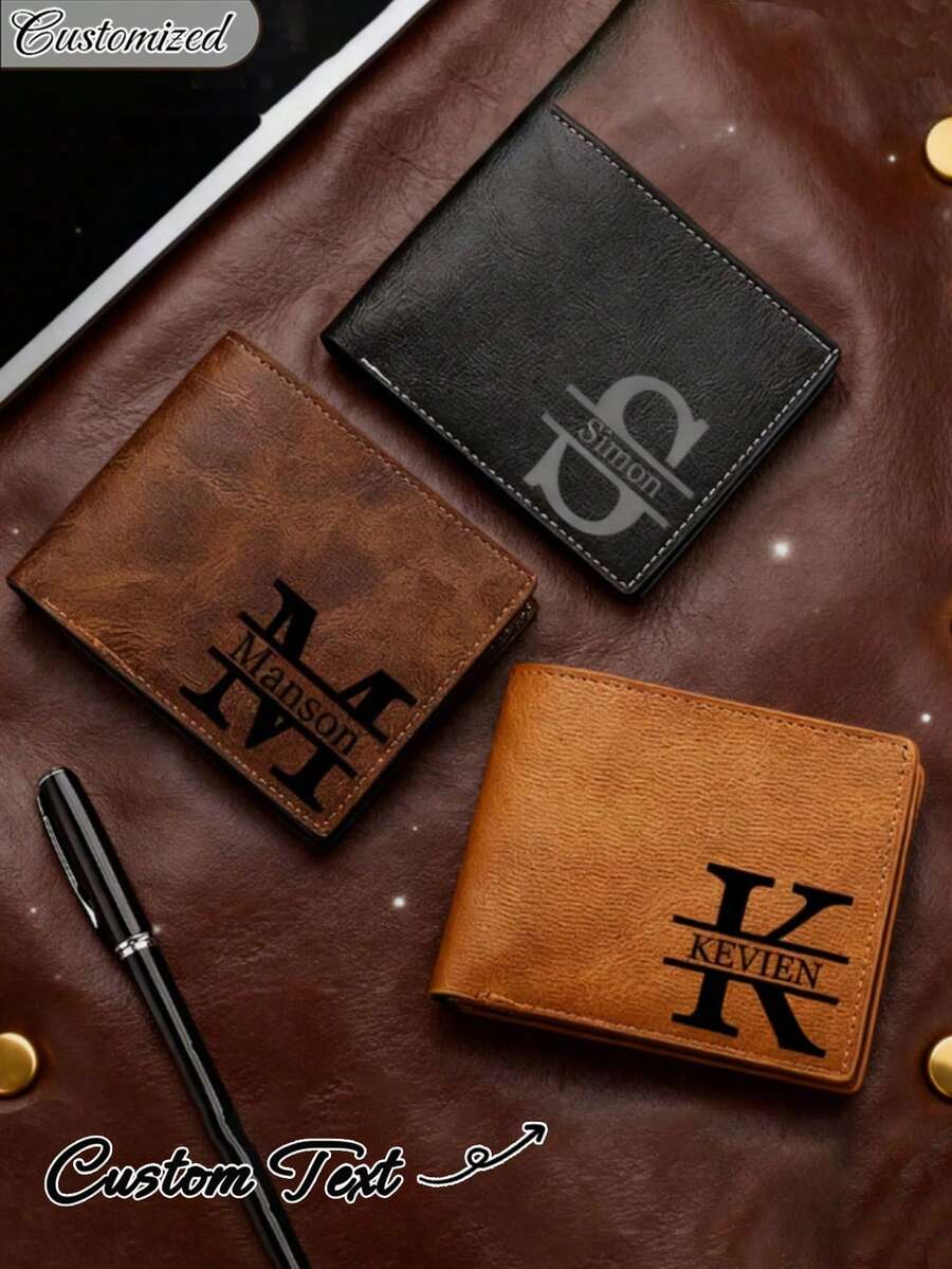 Customizable Men's Wallet, Multiple Colors, Personalized Name Artificial Leather Card Holder, Business Style, Short Bifold, Men's Fashion Accessory