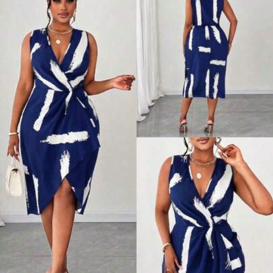 jianchaimaoyi02 Maweii Vestido sin mangas con cuello en V y estampado de talla grande - Azul marino - Ver 1