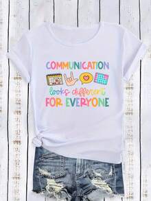 Camiseta Negra con Frase Inspiradora, Estampado Gráfico de Comunicación, Corte Holgado Casual, Manga Corta con Diseño de Letras e Iconos Coloridos - Blanco - Ver 2